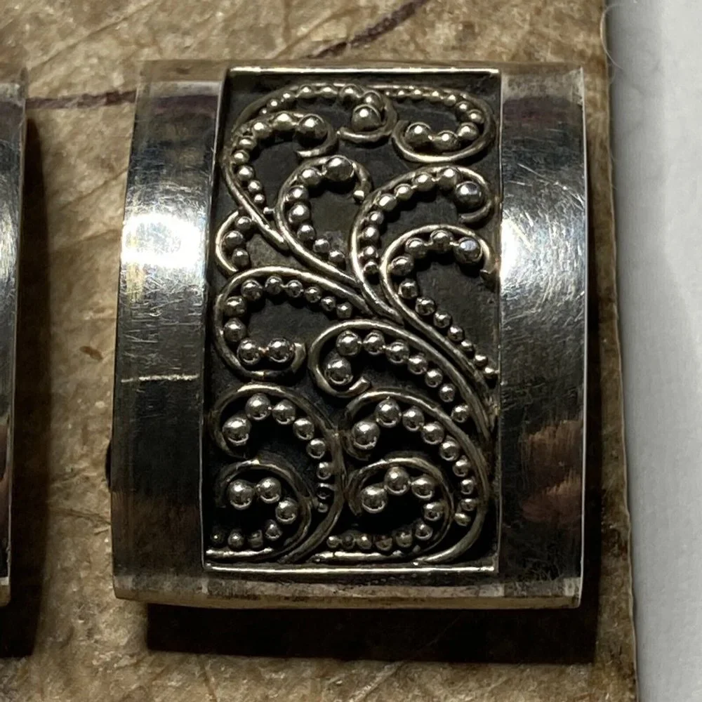 Vintage‎ Lois Hill Curved Rectangular Sterling Granulated Clip Earrings